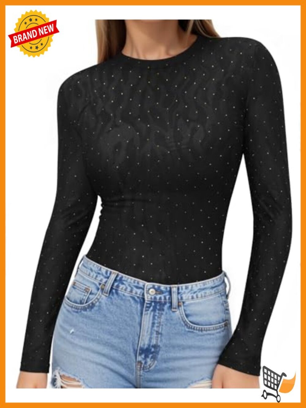 Fitted Long Sleeve Crew Neck Glitter T-Shirt Seamless Bodycon Tee Top